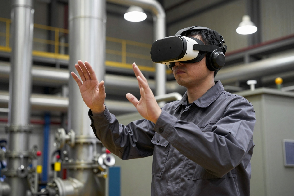 FOTO · operario con headset VR en planta industrial