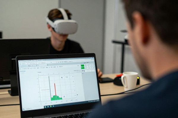 FOTO · instructor revisando resultados mientras un participante entrena en VR