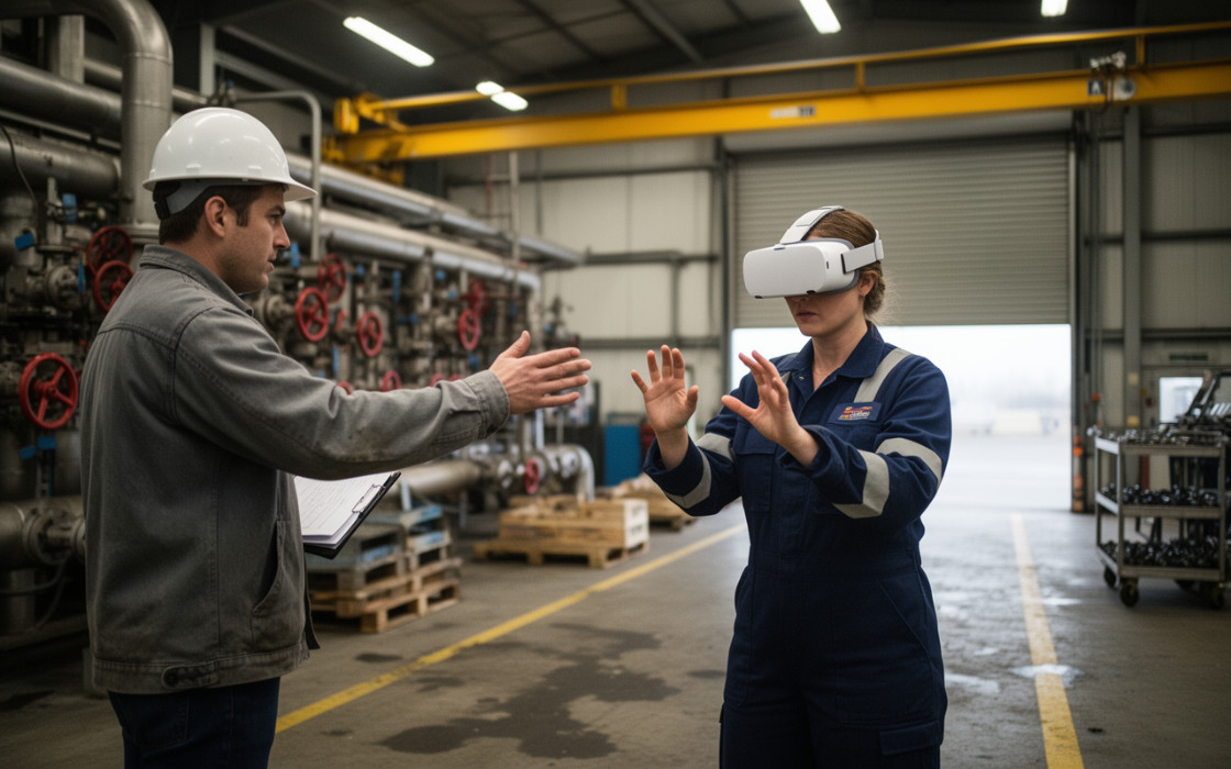 FOTO · instructor guiando a una operaria con VR en una planta industrial