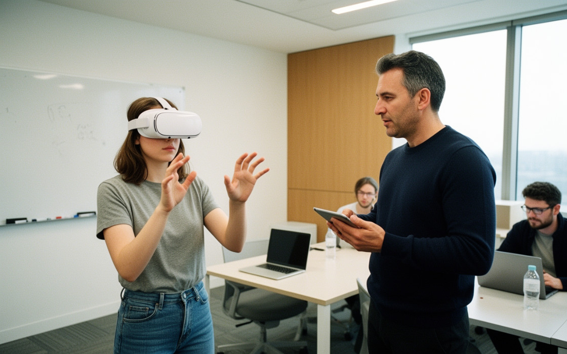 FOTO · instructor guiando una sesión de VR en una oficina, equipo trabajando de fondo